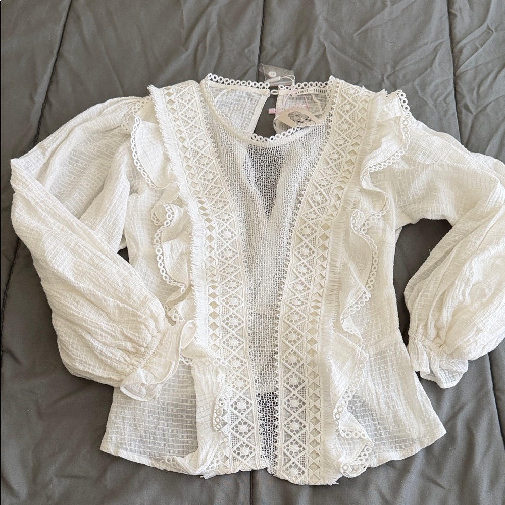 White Ruffle Lace-Trim Women's Blouse